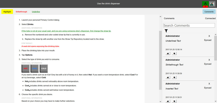 The screenshot shows the Inline Review feature of the XML Documentation Add-on for Adobe Experience Manager