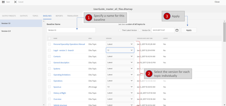 The screenshot shows the Baseline Publishing feature of the XML Documentation Add-on for Adobe Experience Manager