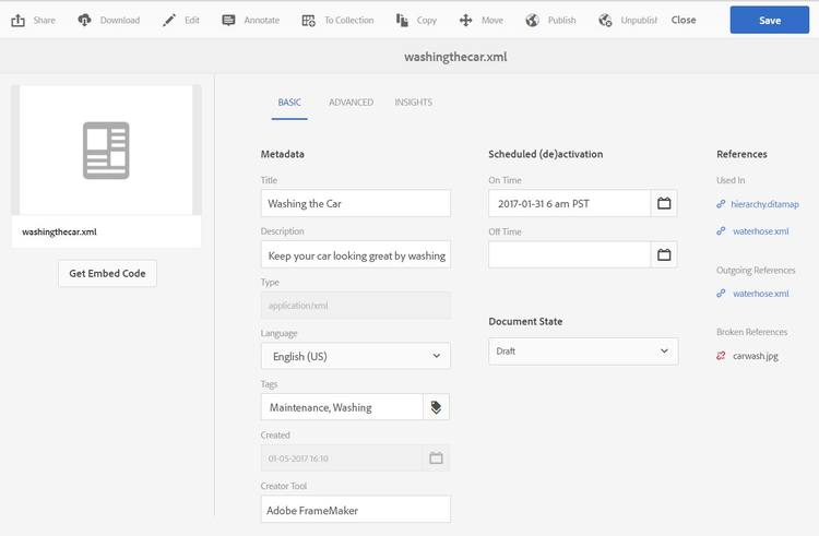 The screenshot shows the incoming, outgoing and broken references of a topic (dependecy management) in the XML Documentation Add-on for Adobe Experience Manager