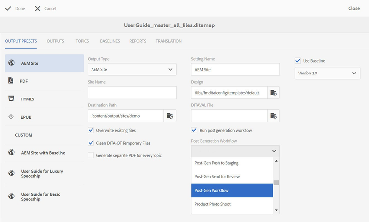 The screenshot shows the Post Generation Workflow feature of the XML Documentation Add-on for Adobe Experience Manager