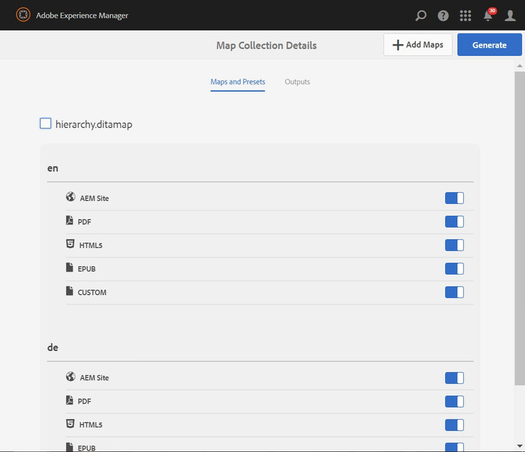 The screenshot shows the DITA Map Collection feature of XML Documentation Add-on for Adobe Experience Manager, Adobe's DITA CCMS