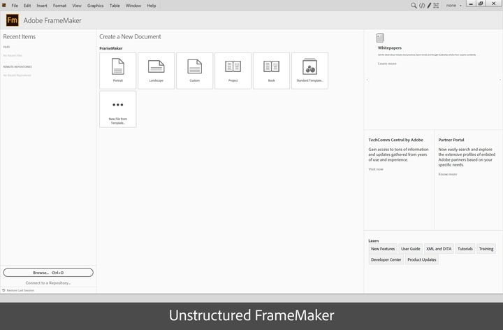 FrameMaker (2017 release), Update 1: Welcome Screen (Structured vs. Unstructured mode)