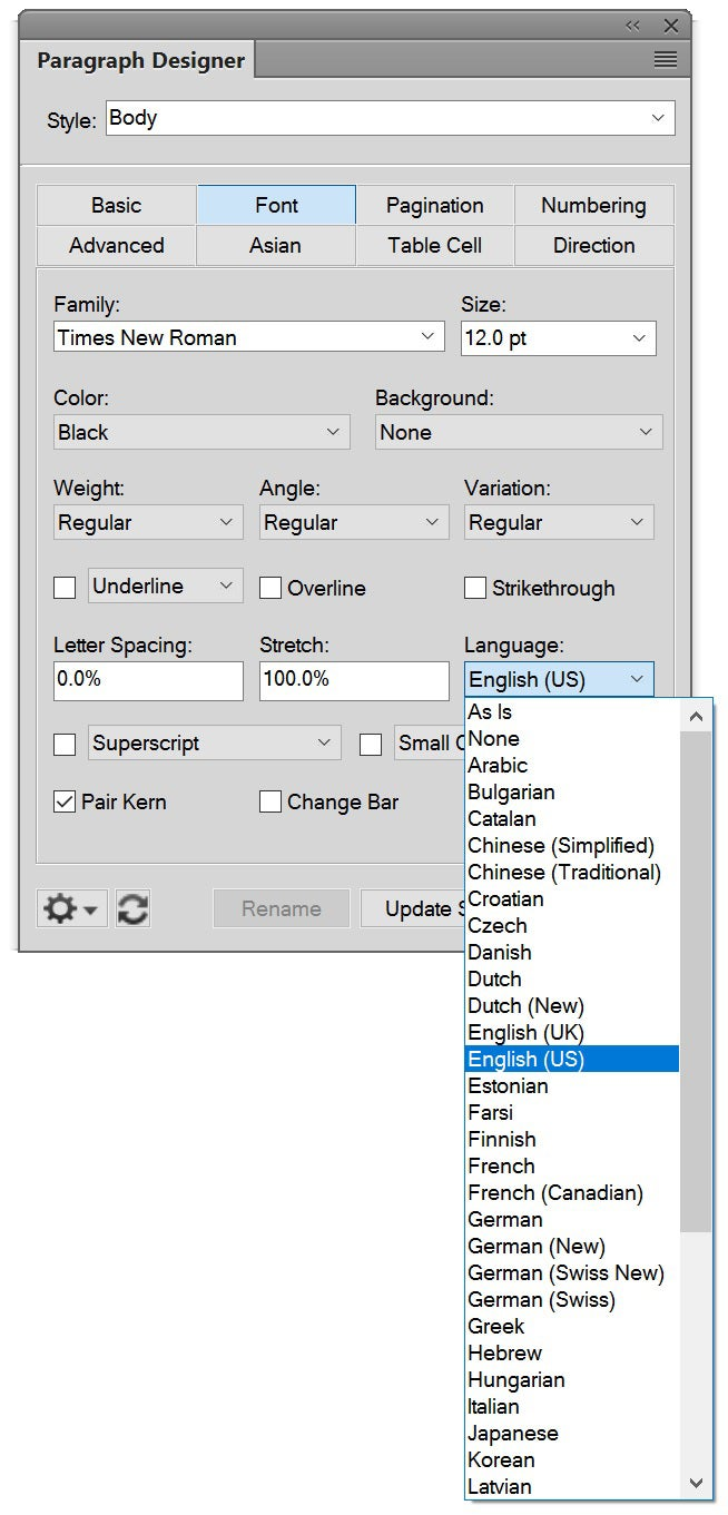 FrameMaker (2017 release), Update 1: Language dropdown