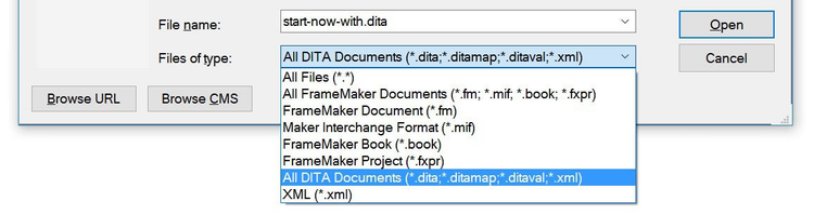 The screenshot shows part of the the "File Open" dialog with the open file type dropdown in FrameMaker (2017 release), Update 1.