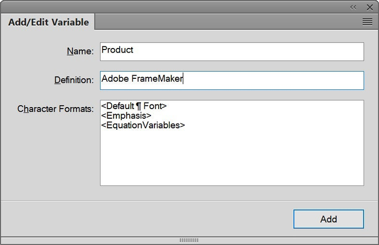 FrameMaker (2017 release), Update 1: Add/Edit Variable dialog