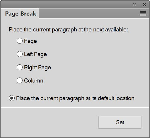 FrameMaker (2017 release), Update 1: Insert Page Break - non-modal dialog/pod