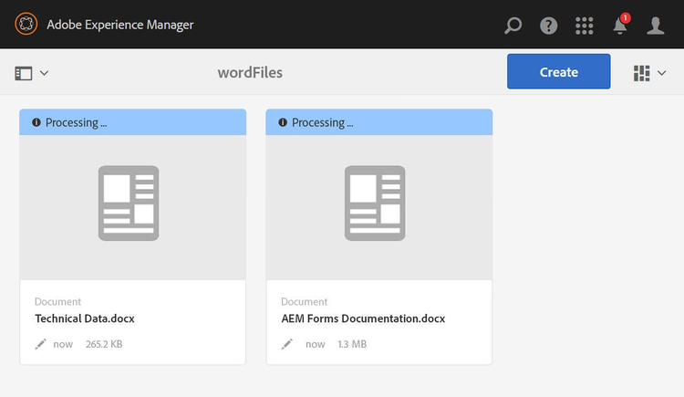 This screenshot from the XML Documentation Add-on 2.2 for Adobe Experience Manager 6.3 shows the Microsoft DOCX to DITA conversion process running for two docx files.