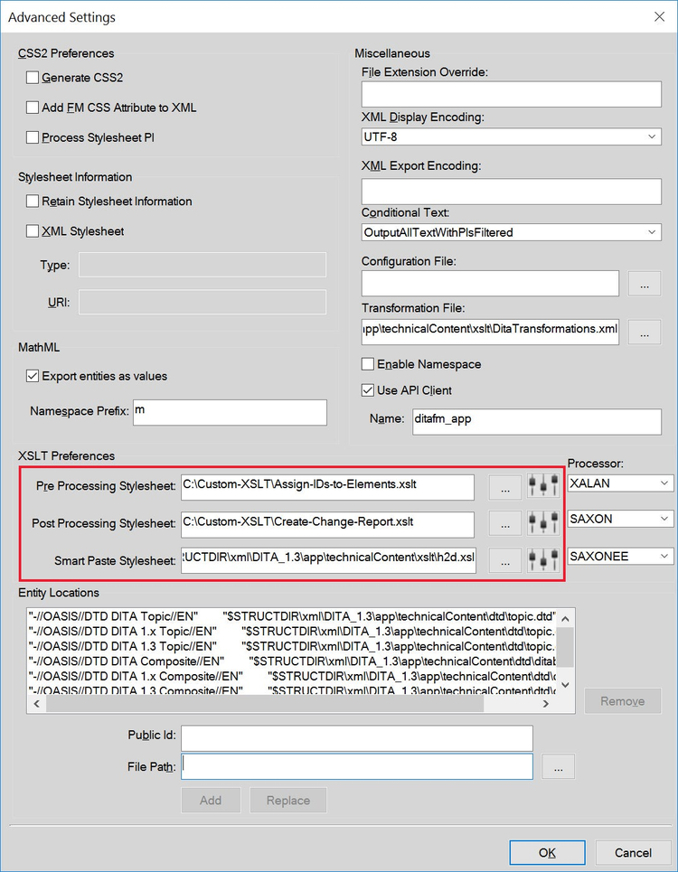 The screenshot shows the “Advanced Settings” dialog of the “Structured Application Designer” in FrameMaker 2017.