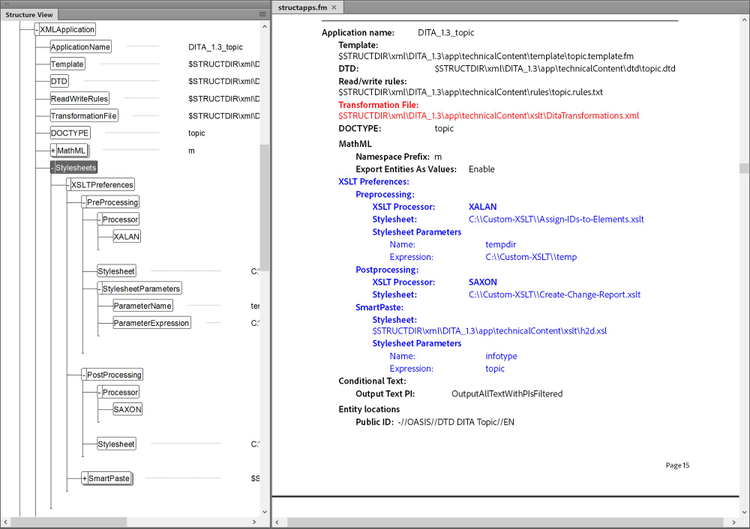 The screenshot shows the structapps.fm of FrameMaker 2017 with the XSLT Preferences for DITA 1.3 Topics