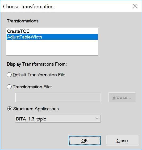 FrameMaker 2017 - XSLT - Choose Transformation Dialog