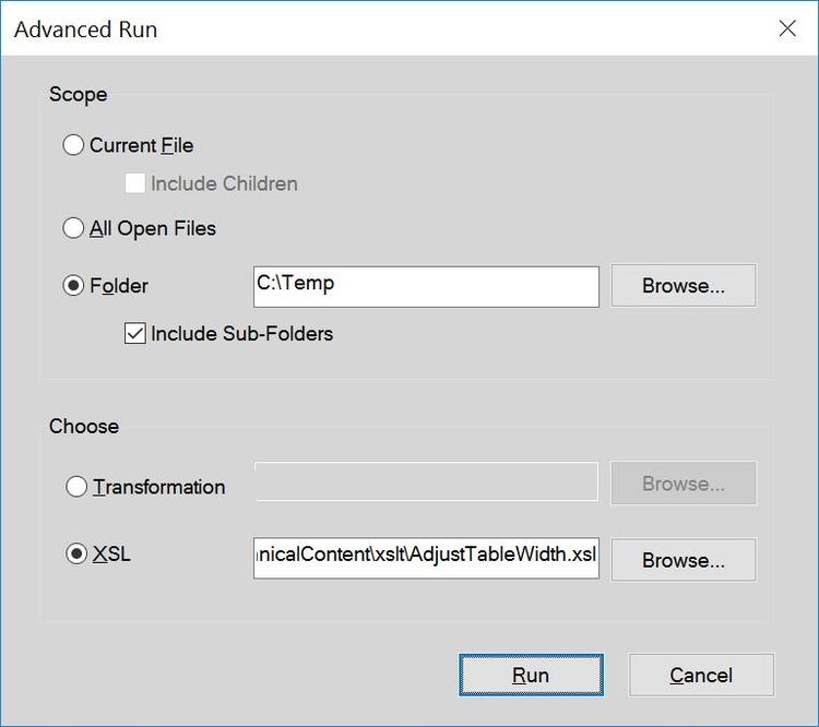 FrameMaker 2017 - XSLT - Advanced Run Dialog