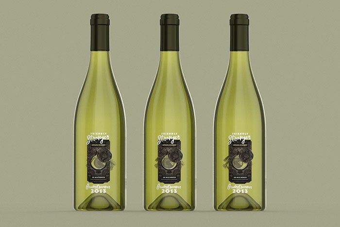 3D rendering of three Friendly Stranger wine bottles.