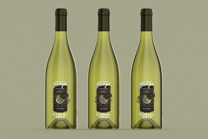 3D rendering of three Friendly Stranger wine bottles.