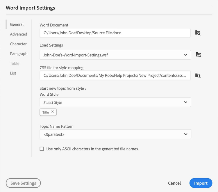 Adobe RoboHelp (2019 release) – Word Import Settings (General)