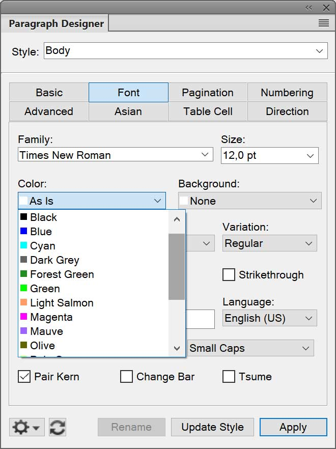 Screenshot of the Adobe FrameMaker 2019 Paragraph Designer with the new color dropdown.