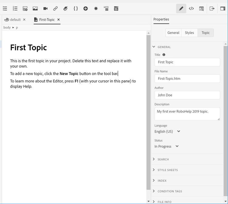 Adobe RoboHelp (2019 release) – WYSIWYG Editor with open Topic Properties Panel