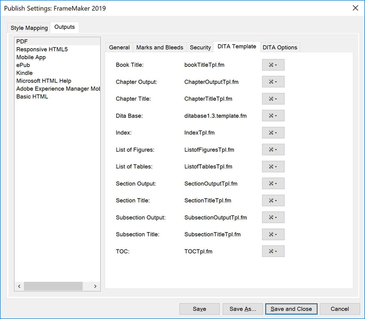 Adobe FrameMaker 2019 – PDF Publish Settings – DITA Templates