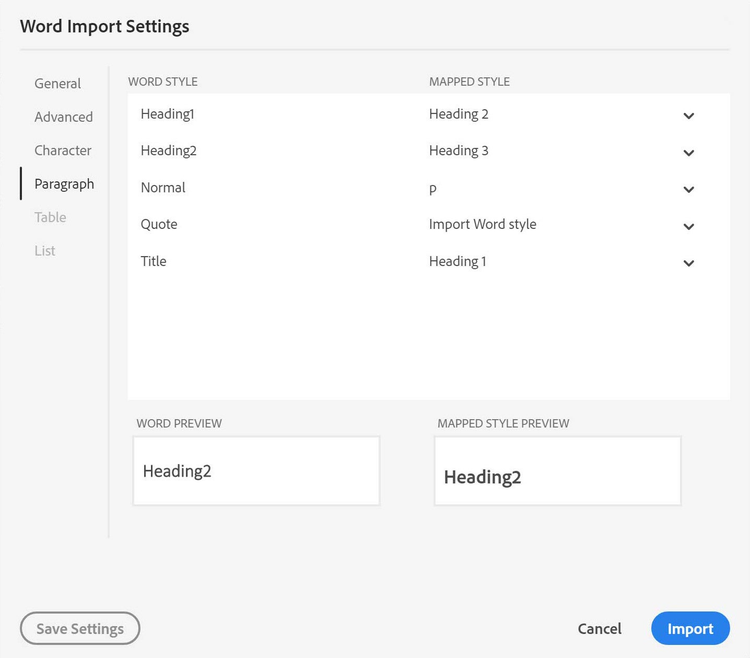 Adobe RoboHelp (2019 release) – Word Import Settings (Paragraph Style Mapping)