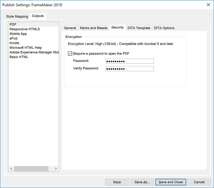 Adobe FrameMaker 2019 – PDF Publish Settings – Security and Password