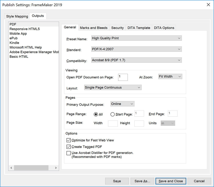 Adobe FrameMaker 2019 – PDF Publish Settings – General