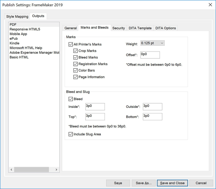 Adobe FrameMaker 2019 – PDF Publish Settings – Marks and Bleed