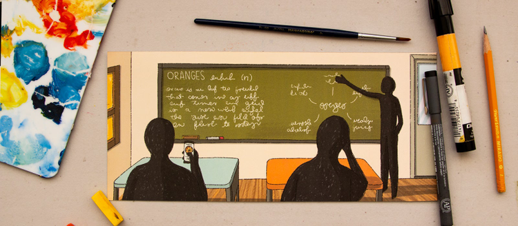 Illustration of students watching teacher at a chalkboard in a classroom.