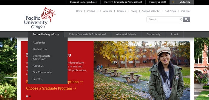 This screenshot shows the old main navigation structure on Pacific University's website before being redesigned.