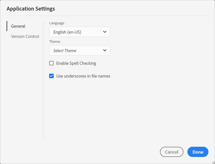 Screenshot of Adobe RoboHelp (2019 release) – Update 1 – Application Settings – Spaces vs Underscores in file names