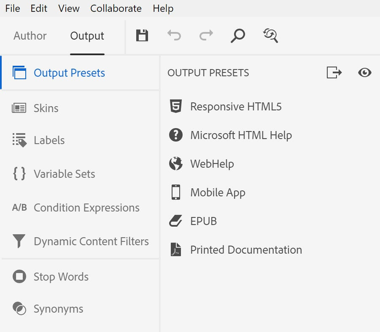 Screenshot of Adobe RoboHelp (2019 release) – Update 1 – Output Presets Panel