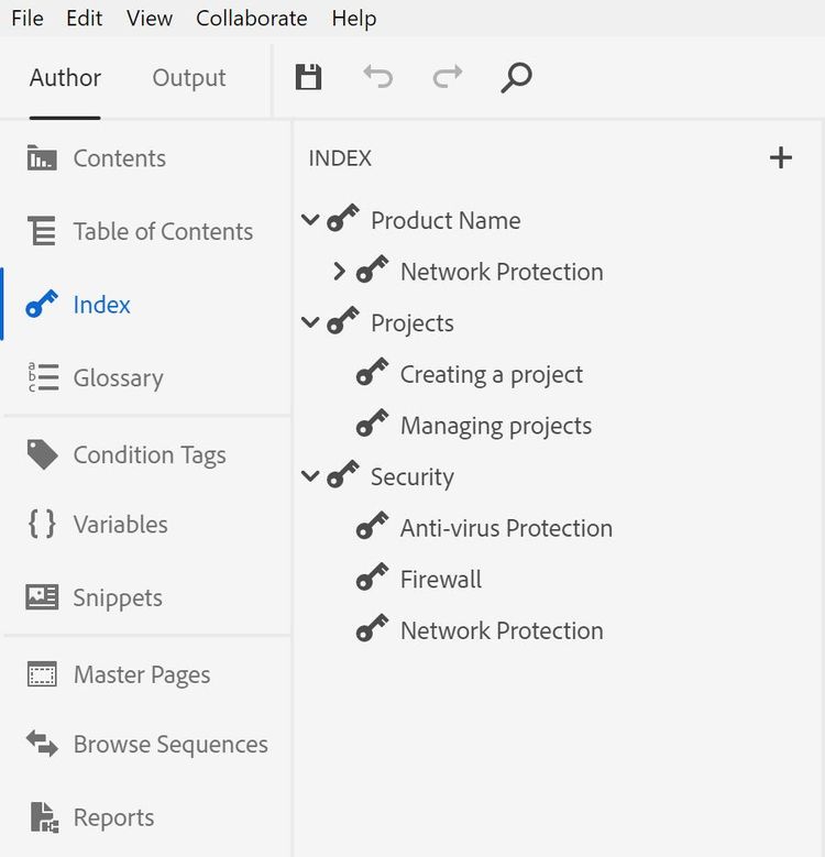 Screenshot of Adobe RoboHelp (2019 release) – Update 1 – Index Keywords