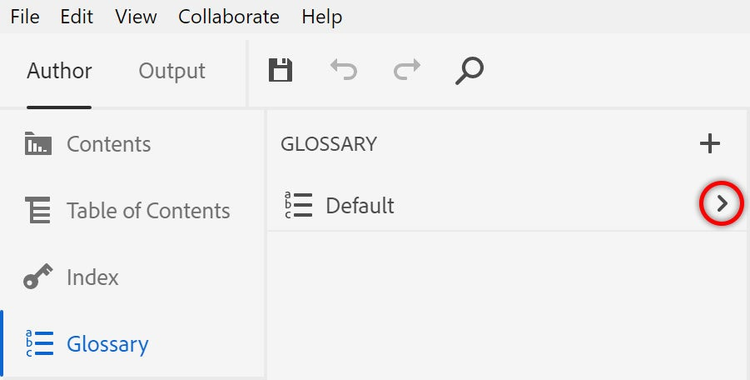 Screenshot of Adobe RoboHelp (2019 release) – Update 1 –  Glossary drill-down