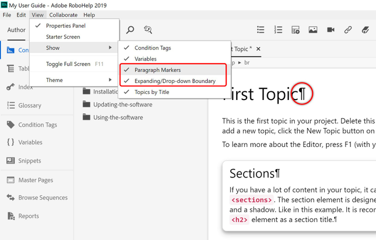 Screenshot of Adobe RoboHelp (2019 release) – Update 1 – Topic Authoring – Show Paragraph Markers (¶)