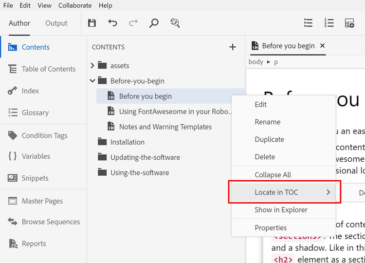 Screenshot of Adobe RoboHelp (2019 release) – Update 1 – Authoring – Locate a Topic in the TOC