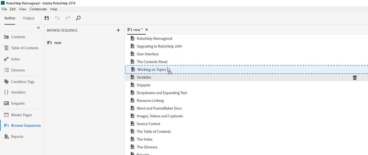 Screenshot of Adobe RoboHelp (2019 release) – Update 1 – Browse Sequence Editor