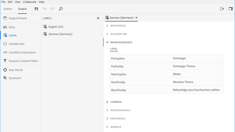 Screenshot of Adobe RoboHelp (2019 release) – Update 1 – Output Presets – Labels Editor