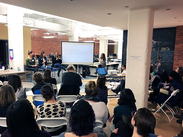 Panelist discussion at the Ladies that UX Boston Meetup.