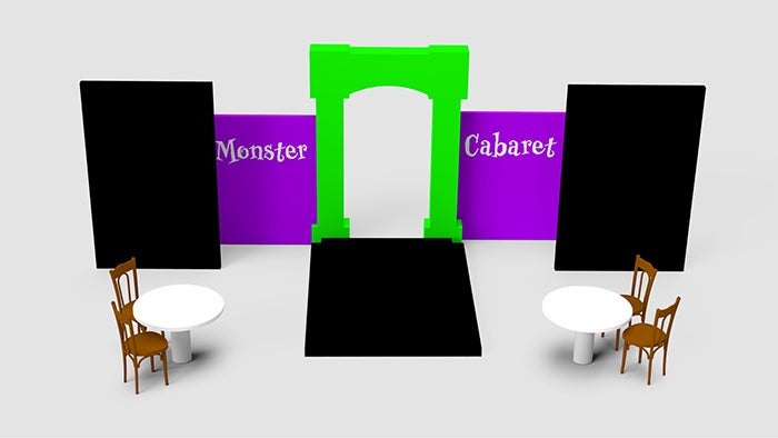 An early 3D render of the We Are Monsters set, done in Adobe Dimension.