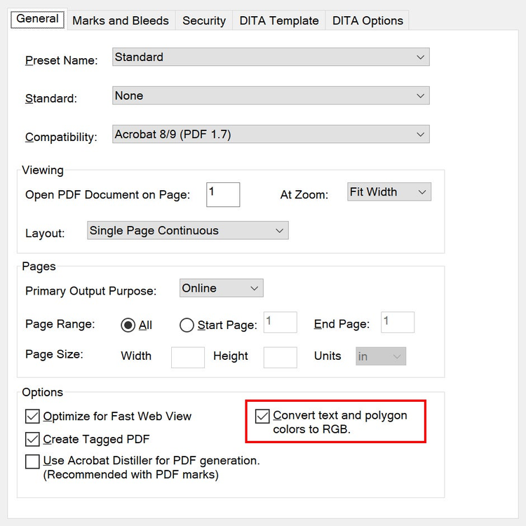 Adobe FrameMaker (2019 release) – Update 1 – Screenshot of the Convert text and polygon colors to RGB option in the PDF Settings dialog