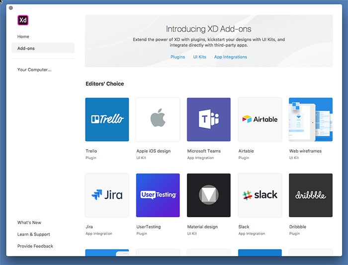 The Adobe XD add-ons interface that enables support for third party plugins.