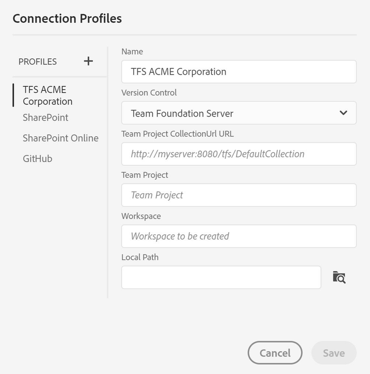 Screenshot of RoboHelp 2019: Microsoft Team Foundation Server Connection Profile