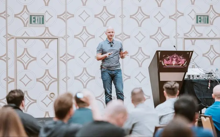 Andrew Shorten, Adobe XD's senior director for product management, on stage at Adobe MAX.