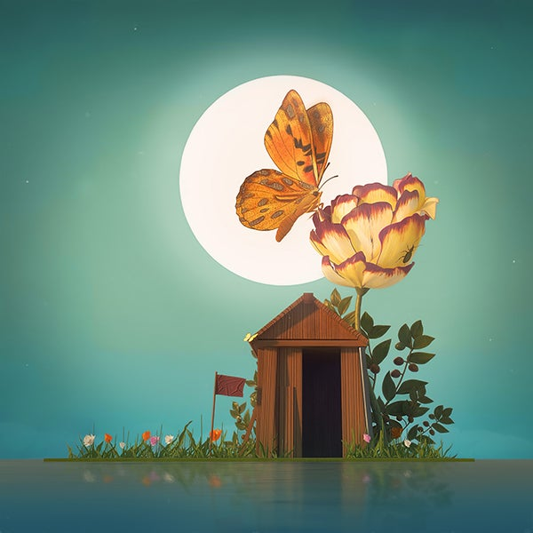 Big butterfly and flower with moon and shed