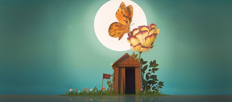 Big butterfly and flower with moon and shed