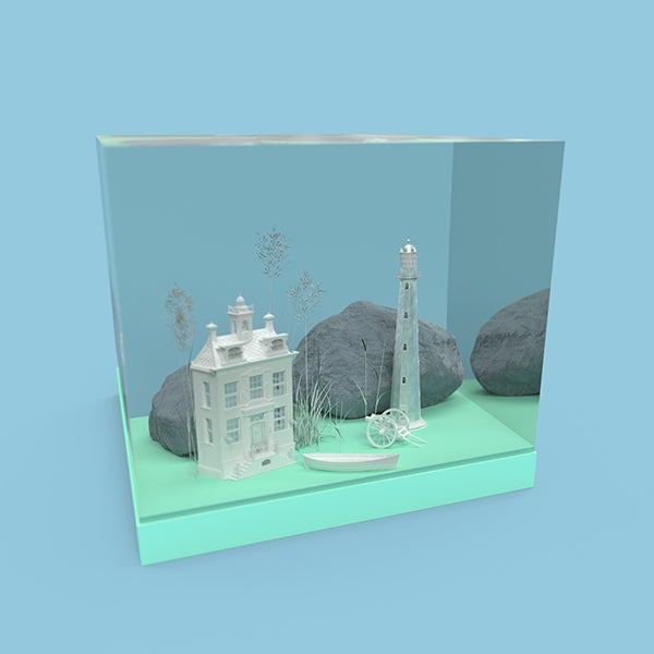 3D render of small house and lighthouse scene