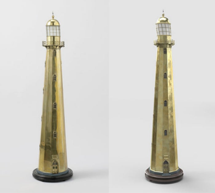 Photo of miniature lighthouse and 3D render of it.