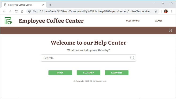 Screenshot of Adobe Robohelp (2019 release) – Update 3 – Coffee Skin