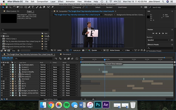 A screenshot of the After Effects composition Jake Sirianni used to create his viral rap video application that landed him an internship on The Tonight Show.