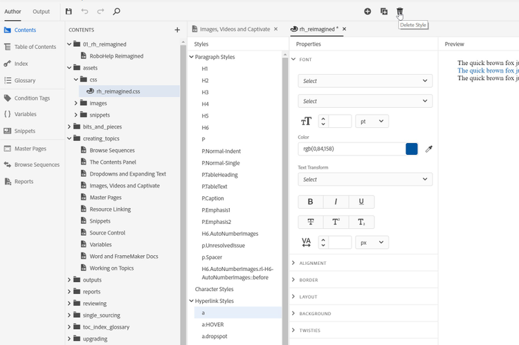 Screenshot of Adobe RoboHelp 2019 Update 3 – Visual CSS Editor