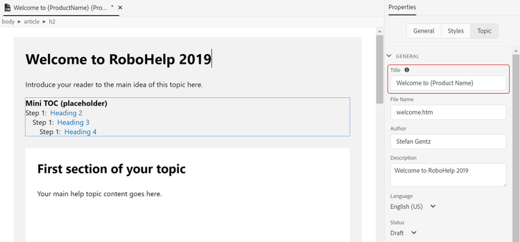 Screenshot of RoboHelp 2019: Variables in topic title