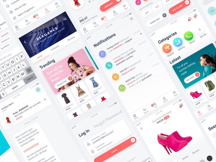 A rendering of some of the e-commerce UI elements available in Nimasha Perera's E-comm UI kit.